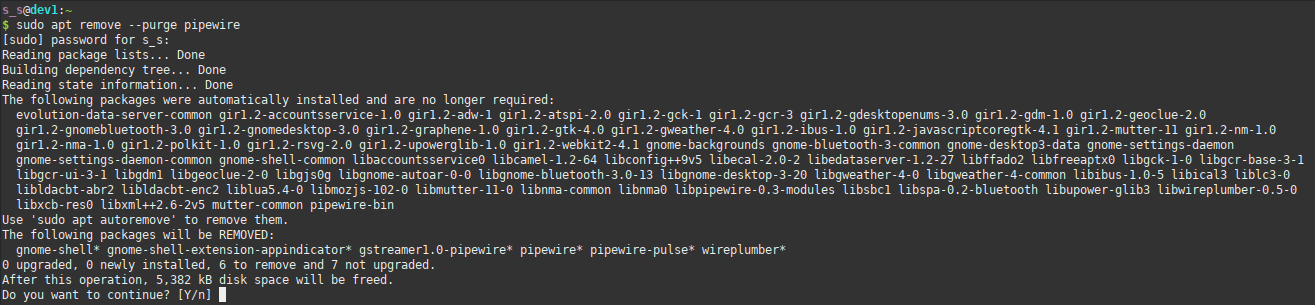 cli pipewire uninstall confirmation